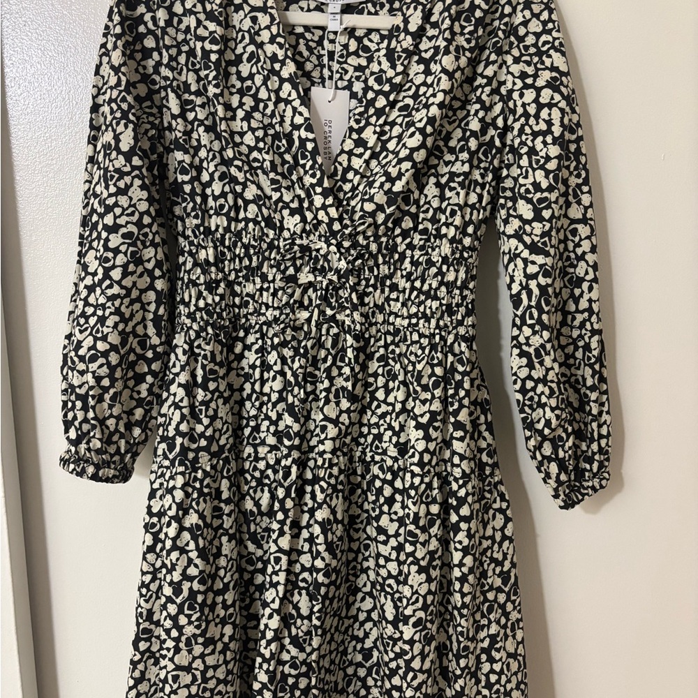 NWT 10 Crosby Derek Lam Heart Print V-Neck Midi Dress Black Cream [Size 4]
